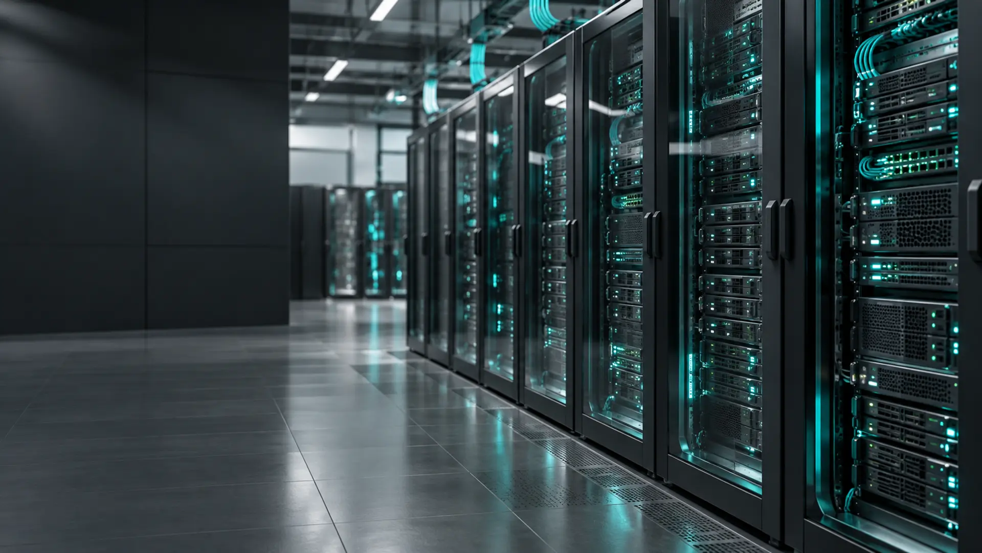 Centro de datos con servidores negros e iluminación turquesa vistos en diagonal